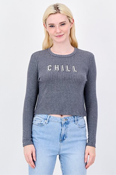 Undiz Women Crew Neck Ribbed Long Sleeve Top, Grey