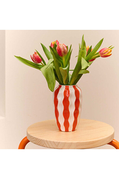 Flying Tiger Copenhagen Turuncu Beyaz Çizgili Seramik Vazo
