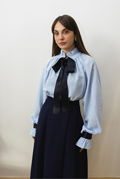 My Blog Blue Satin Bow Detail Striped Shirt - 102277