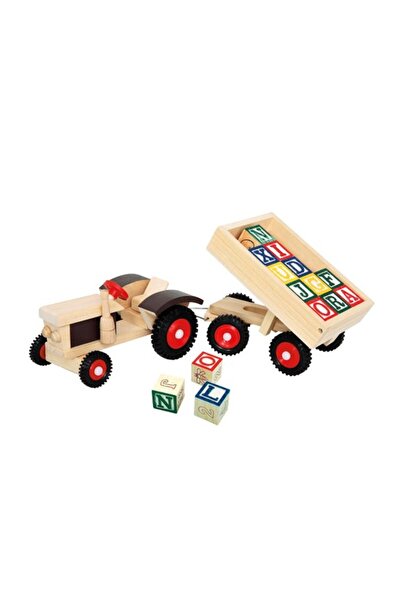 Bino Jucarie Tractor din lemn cu remorca si cuburi ABC 17 piese