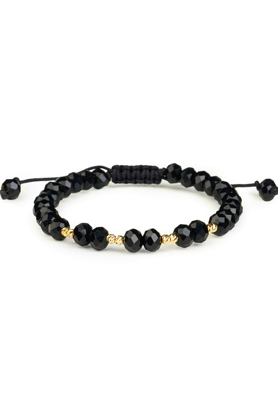 One Gold Bracelet with 8 beads 14K Gold "585" and Black Crystals, adjustable