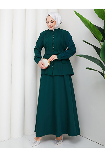 EFSUN MODA Women's British-Style Buttoned Belted Skirt Two-Piece Suit Tesettür