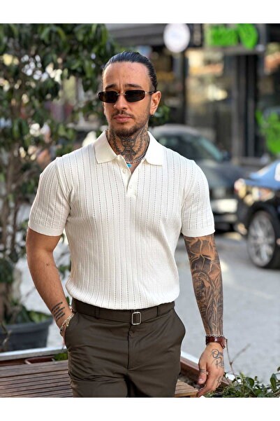 manch collection Buttoned Collar Corded Fabric Polo Collar White