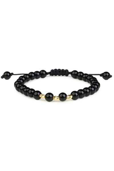 One Gold Bracelet with Striped Tubes 14K Gold "585" and Black Onyx, Adjustable