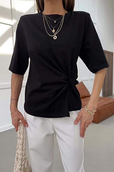 mylove Padded Shoulders Front Gathered Detail Tshirt Black