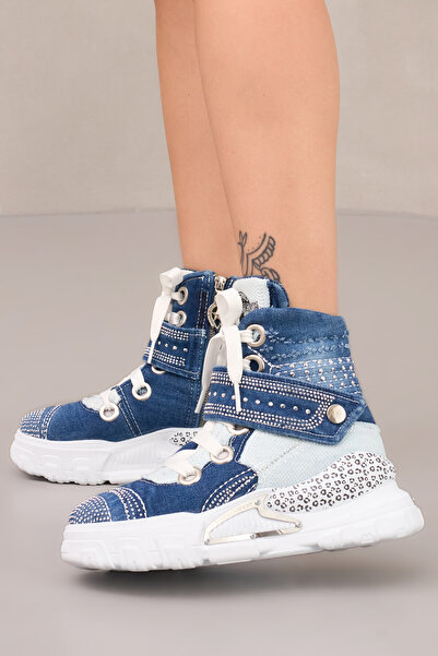 StarBlueMooN Stone-Embellished Denim Boots for Women Summer Metal and Appliqu...