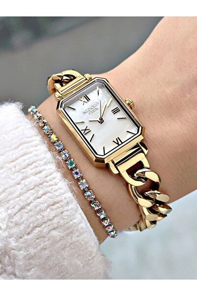 JG.POLO CLUB WHITE DIAL GOLD ROMAN NUMERAL SQUARE CHAIN STEEL WRISTWATCH WITH STRAP