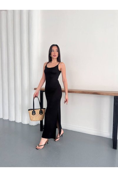 Focus Light Women's Thin Strap U-Neck Ribbed Long Dress with Slit Detail