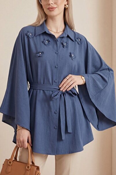 COjans Front Floral Detailed Lace-Up Buttoned Poncho - Navy
