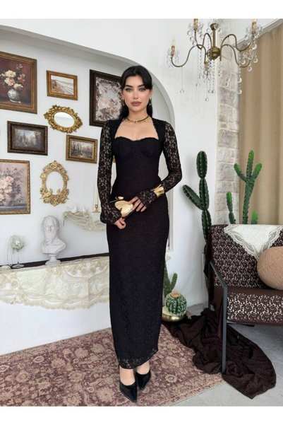 Dilek Vardar Siyah Dantel Uzun Kollu Şık Uzun Elbise