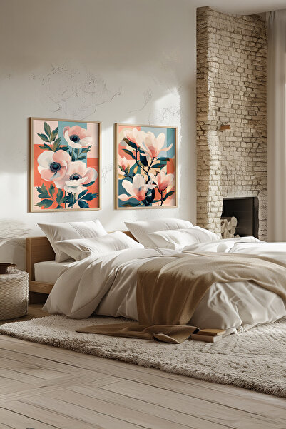 STARYUNA Wooden Framed Modern Floral Illustration Double Painting Set Yuna656