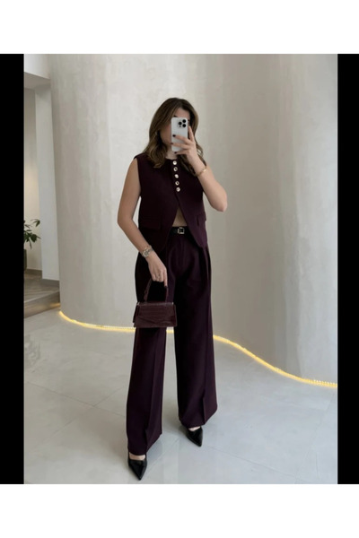 My Blog Mürdüm Belt Piece Vest Pants Set - 9716