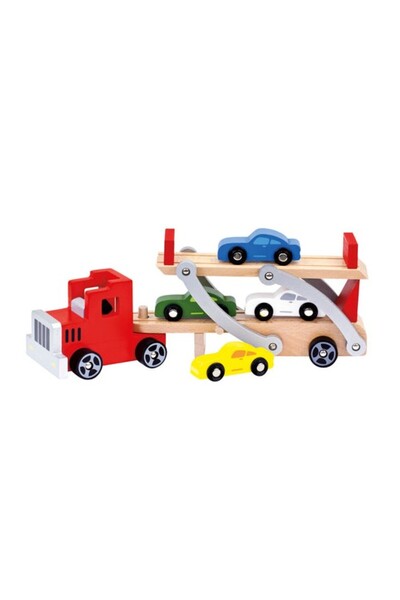 Bino Wooden car transporter truck with 4 cars