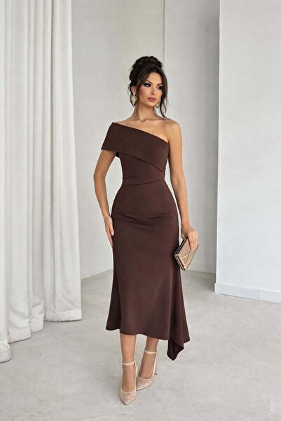 Deafox Brown Collar and Skirt Asymmetrical Detail Crepe Fabric Midi Length Dress