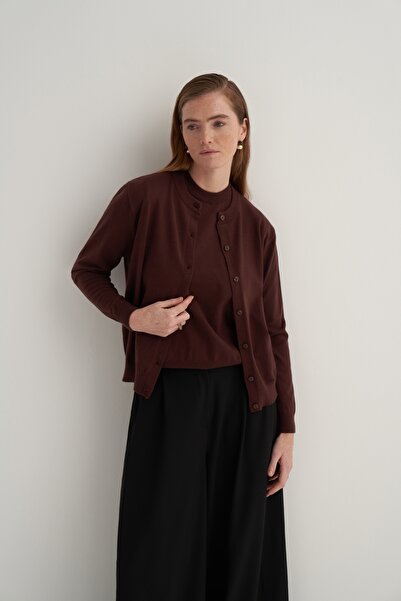 EBU Prive Women's Viscose Knitwear T-Shirt Cardigan Set Brown