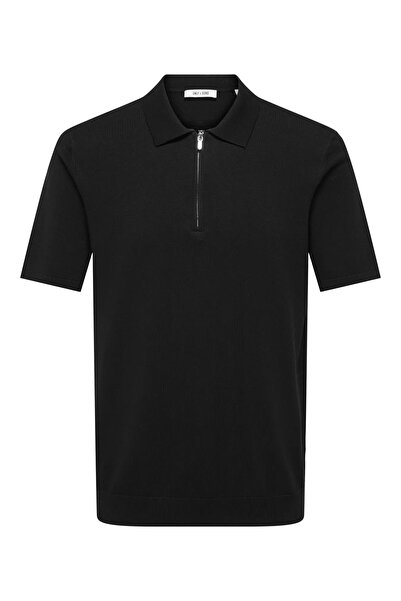 Only & Sons Tricou negru pentru bărbați cu guler polo și jumătate de fermoar ...