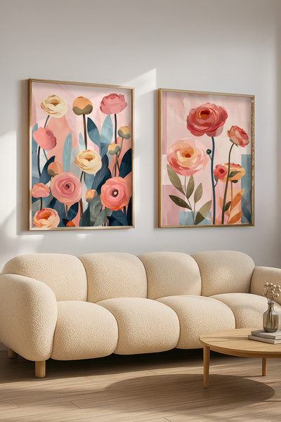 STARYUNA Wooden Framed Double Painting Set with Floral Illustrations Yuna655