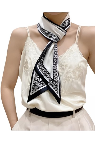 josef mariyy Women's Black and White Geometric Patterned Satin Scarf & Belt