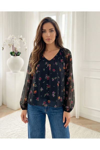 UniqueStore.ro Black sheer blouse with floral print and puffed sleeves