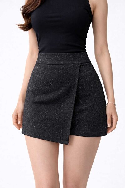 ROVELLA Kadın Yüksek Bel Simli Kapaklı Mini Şort Etek