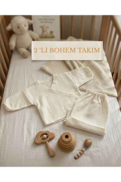 %100 Pamuk Müslin Bebek Takımı - Kimono Yaka Alt Üst Set - Krem