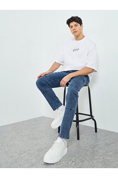 Styli Men Washed Chambray Trousers with Cut and Sew Detail