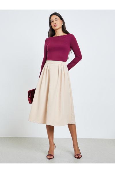 Styli Solid Waistband Elastic A-Line Midi Skirt