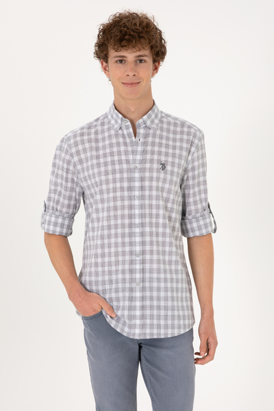 U.S. Polo Assn. Men's Gray Shirt With Checked Pattern And Subtle Logo