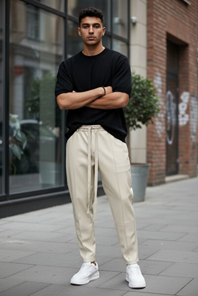 dehaine Pantaloni casual din piele ecologica, pentru barbati, pantaloni fashi...