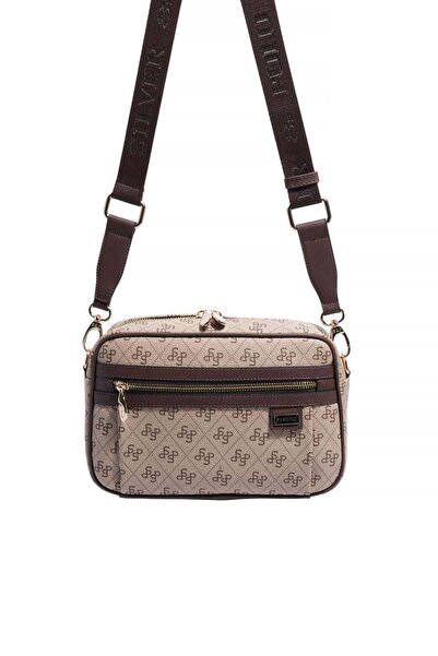 Silver Polo Ασημί & Polo SP1280 Γυναικεία τσάντα χιαστί Monogram Σκούρο Μπεζ-...