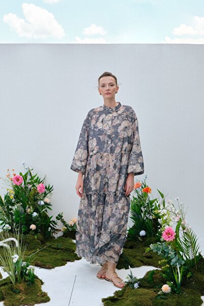 EBU Prive Women's Chiffon Ruched Dress Shimmering Floral Pattern Smoked