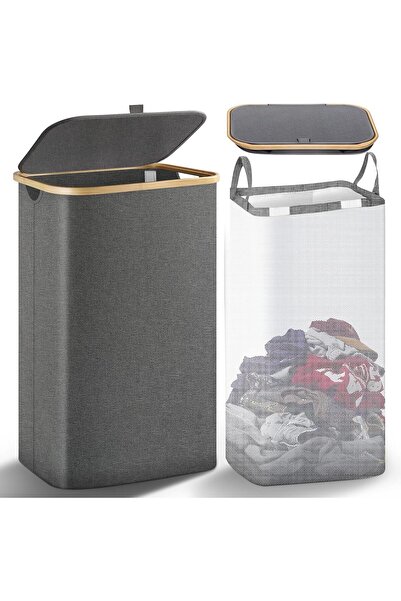 Arabest 100L Collapsible Laundry Hamper with Lid, Bamboo Handles, Large Stora...