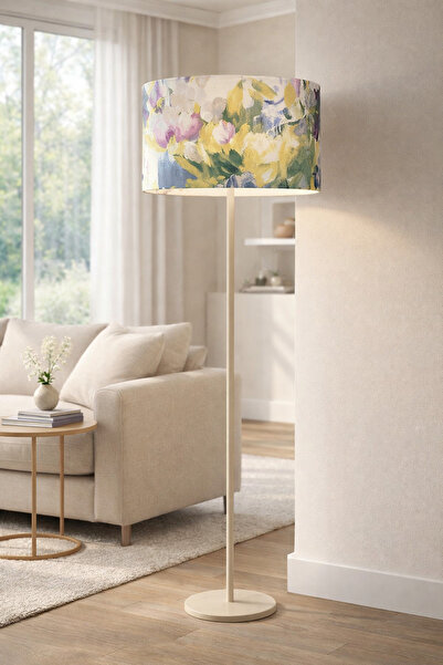 Natiorj Beyaz Mor Çiçek Abajur Şapkalı Krem Renkli Tek Ayaklı Lambader Salon ...