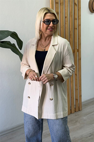 By Esra Celkan Beige Buttoned Three-Quarter Sleeve Blazer Jacket