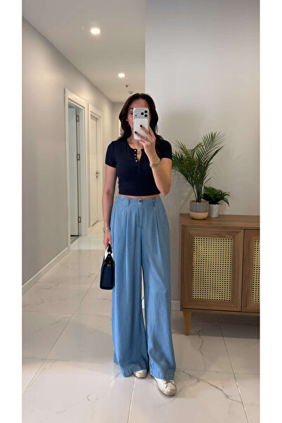 BİRCANÇİL Τίτσαν Μπλε Με πιέτες Φαρδιά μπατζάκια Παντελόνι Τένσελ