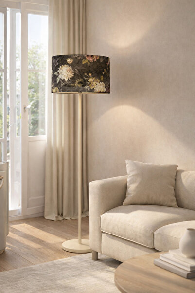 Natiorj Mor Çiçek Abajur Şapkalı Krem Renkli Tek Ayaklı Lambader Salon Yatak ...