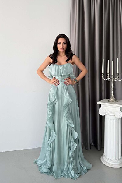Serica Moda Mint Straplez Volanlı Yırtmaçlı Şifon Abiye Elbise