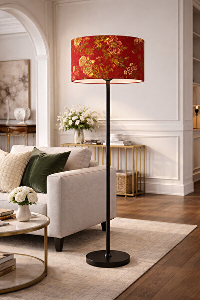 Natiorj Kırmızı Gül Abajur Şapkalı Siyah Renkli Tek Ayaklı Lambader Salon Yat...