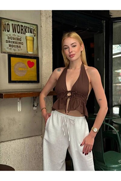Cool & Sexy Boyundan Tie-Detail Open Back Linen Blouse Brown