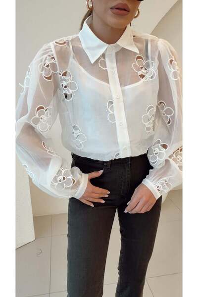 Şulenin Butiği TASARIM KENDİNDEN ATLETLİ İŞLEMELİ TRANSPARAN GÖMLEK