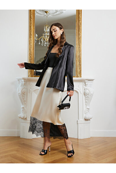 Styli Cream A-Line Maxi Skirt with Lace Trim