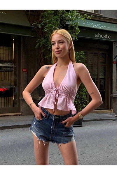 Butikcadde Halter Neck Backless Linen Blouse