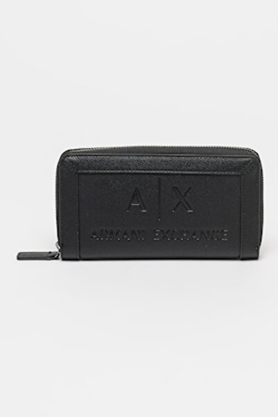 Armani Exchange Leather Wallet with Zipper and Stamped Logo, Black