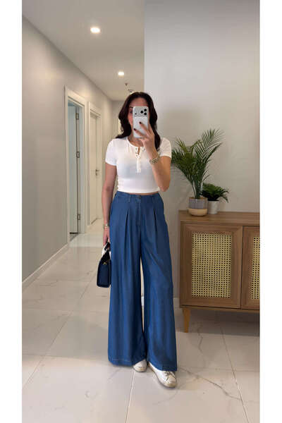 BİRCANÇİL Titsan Navy Blue Pleated Wide-Leg Tensel Trousers
