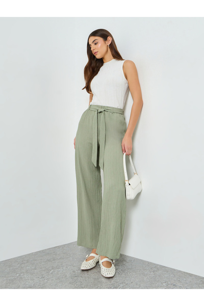 Take Two By Styli Green Belted Elastic Waist Straight Leg Pants