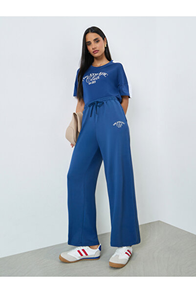 Styli Blue Wide Leg Joggers with Print Detail
