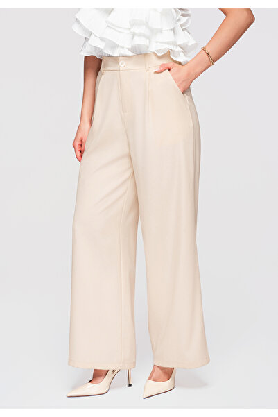OMBRE Women's Wide Leg Pants OW-PA-E0001 Elastic Waist, Relaxed Fit Beige