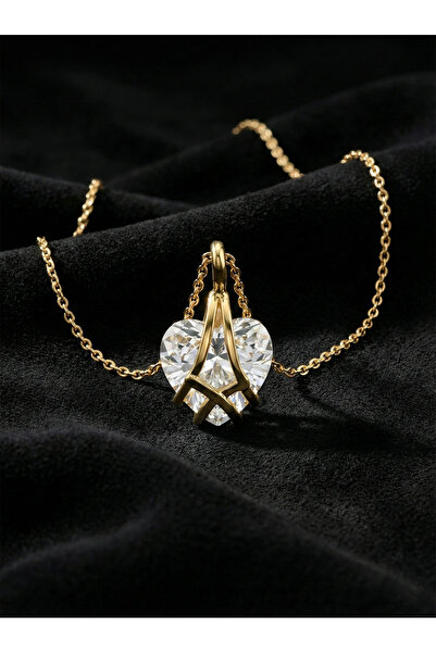 Roza Silver 925 Ayar Gümüş Gold Renk Zirkon Taşlı Kafes Kalp Arkadaşlık Kolyesi