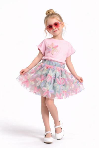 WİKİBOOM طقم تي شيرت بناتي مزين بالزهور وتنورة ملونة تول - مجموعة صيفية أنيقة...