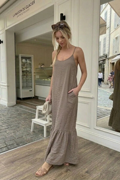 The Champ Clothing Women's Drawstring Collar Strap Long Dress Mink – Pocketed...